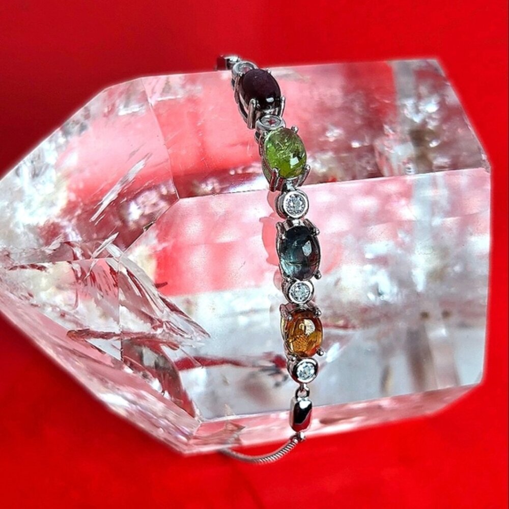 Natural Tourmaline &CZ 925 Adjustable Silver Bracelet